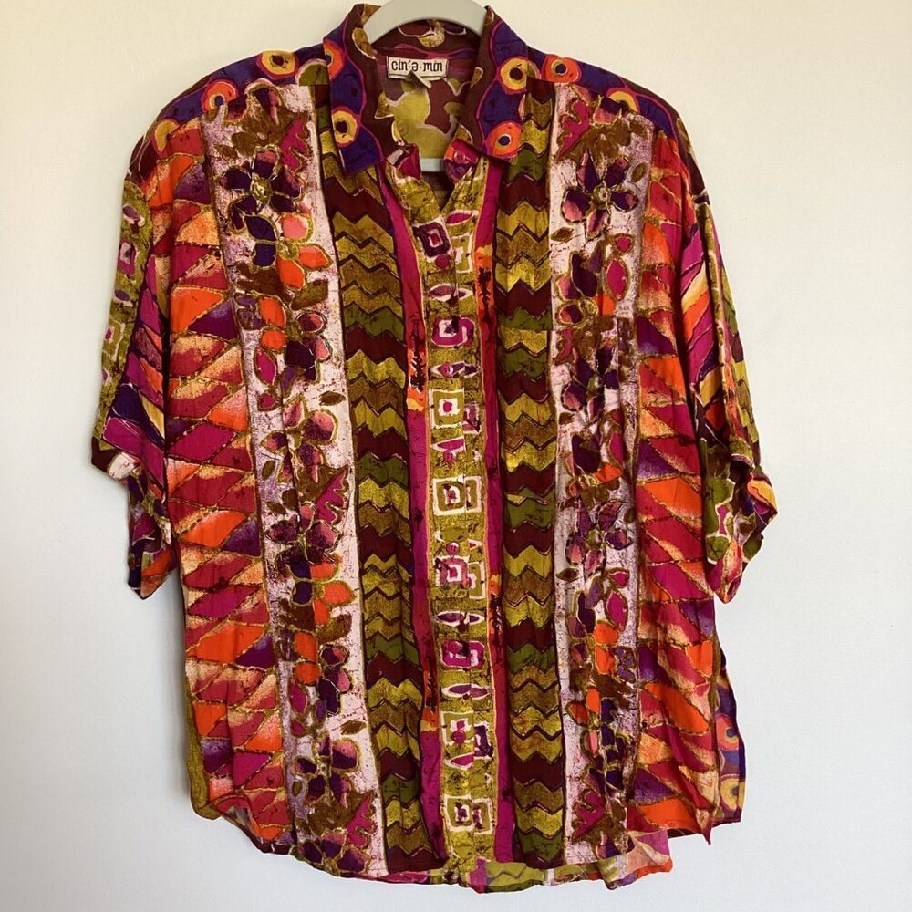 Cin’ E Min Bright Colorful Embellished Button Up Shirt Size Large